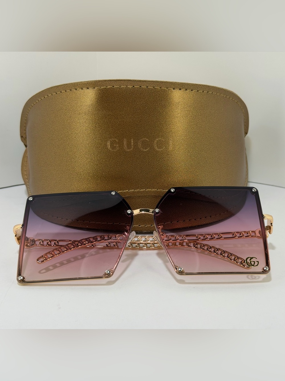 Gold & Pink Gradient Square Sunglasses with Chain Temples